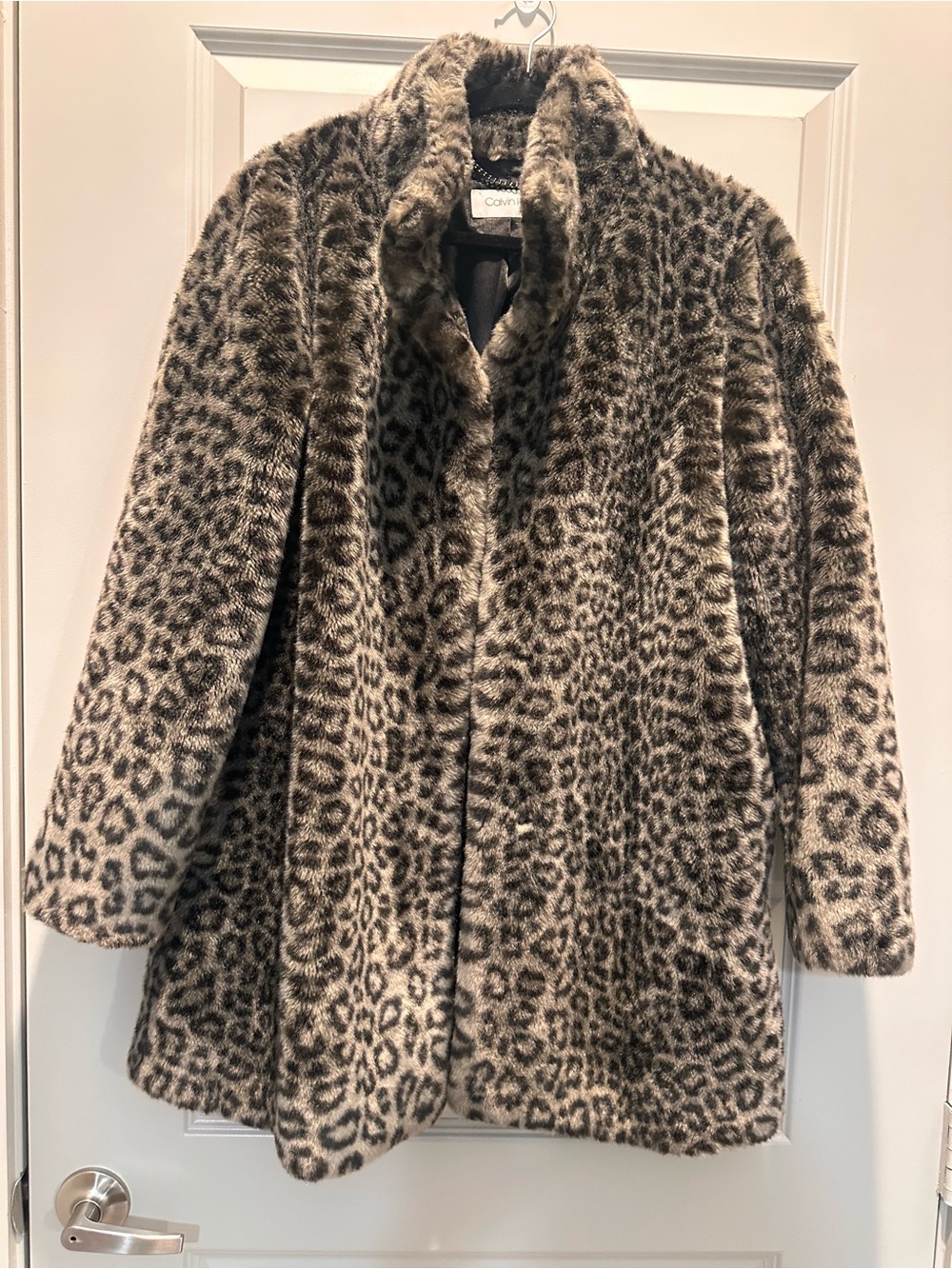 Calvin Klein Leopard Print Faux Fur Coat - Gray & Black